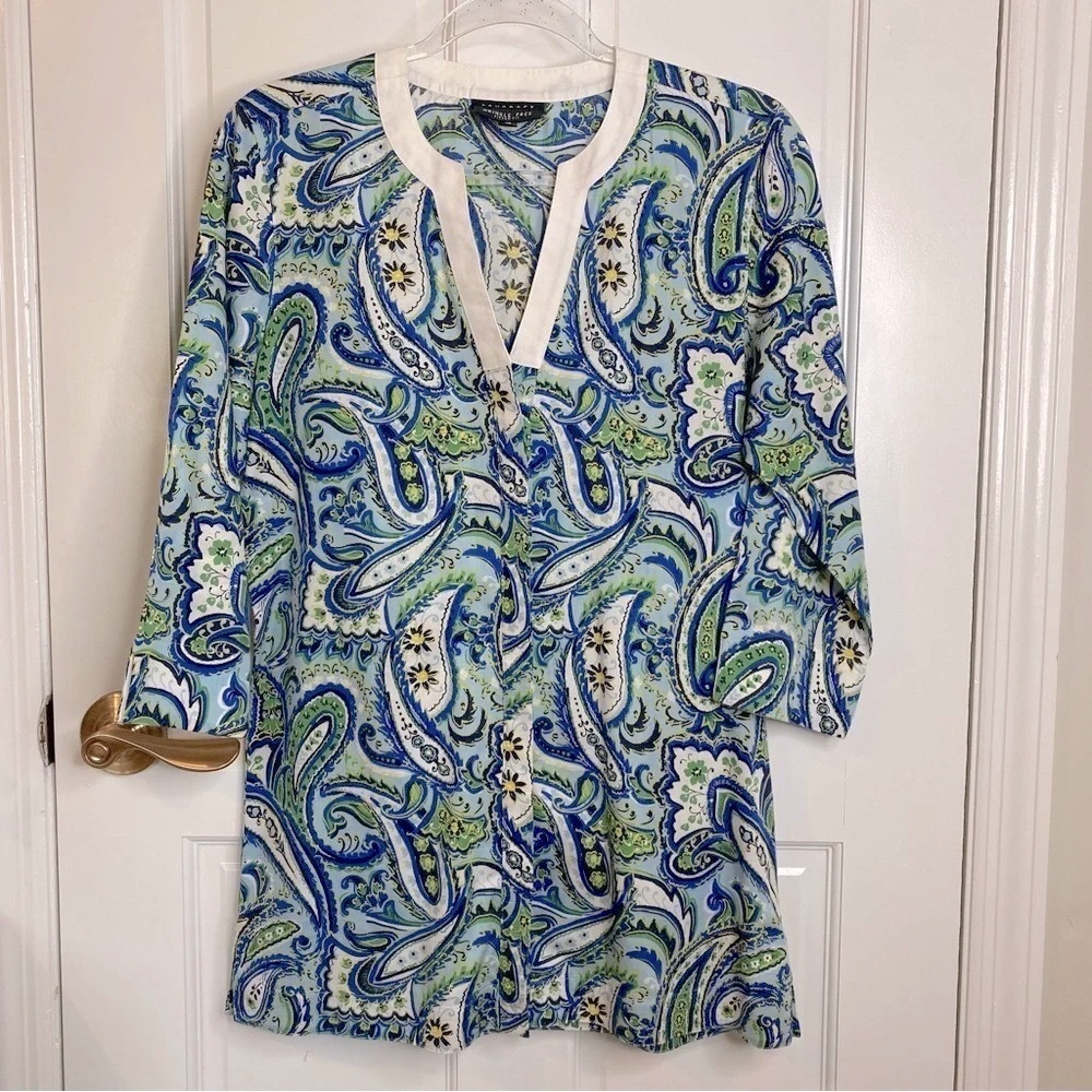 FOXCROFT Thin Comfy Cotton Blouse 3/4 Sleeve Wrinkle Free Paisley Blue G…